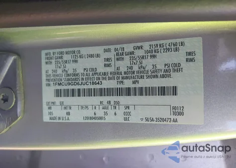 2018 Ford Escape Se z USA, uszkodzony, nr VIN 1FMCU9GD6JUC18643